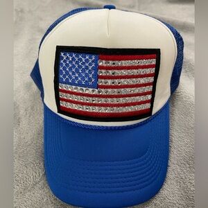 Blue & White Snapback Trucker Hat W/ American Flag